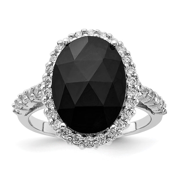 Sterling Silver Cheryl M Rhod-plated Black & White CZ Oval Halo Ring