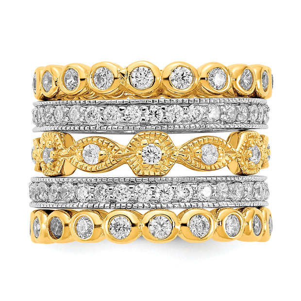 Sterling Silver Cheryl M Rhodium & Gold-plated CZ 5 Piece Ring Set