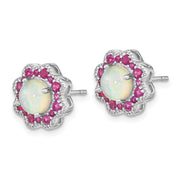 SS Cheryl M Rh-pltd Cr. Opal & Red Nano Crystal Flower Post Earrings