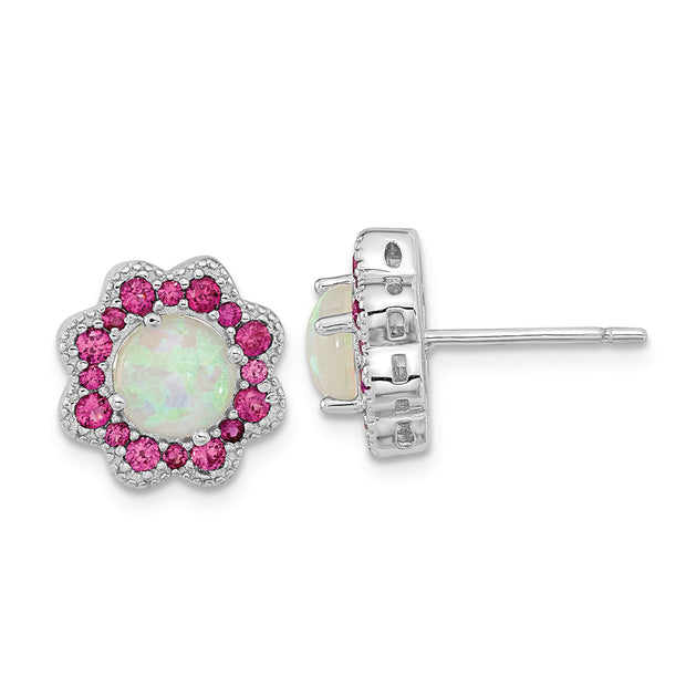 SS Cheryl M Rh-pltd Cr. Opal & Red Nano Crystal Flower Post Earrings