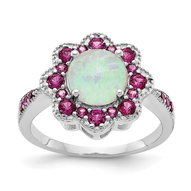 Sterling Silver Cheryl M Rh-p Cr. Opal & Red Nano Crystal Flower Ring