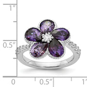 Sterling Silver Cheryl M Rhod-plated Purple & White CZ Flower Ring