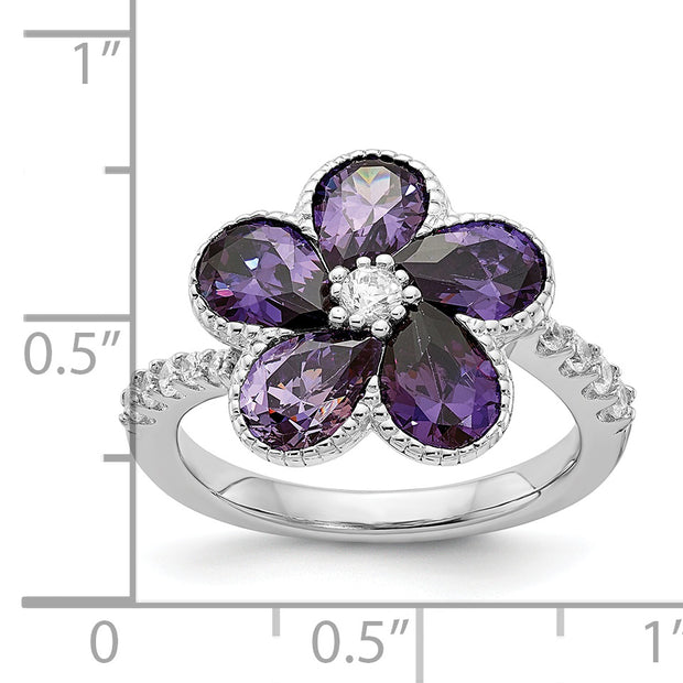 Sterling Silver Cheryl M Rhod-plated Purple & White CZ Flower Ring