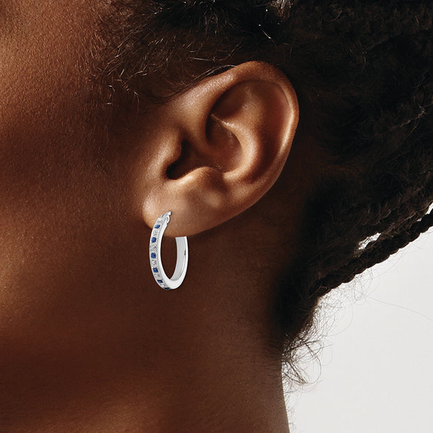 Sterling Silver Platinum-Plated Diamond Mystique Dia/Sapphire Hoop Earrings