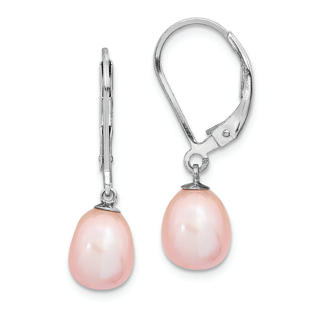 Sterling Silver Rhodium-plated 7-8mm Pink FWC Pearl Leverback Earrings
