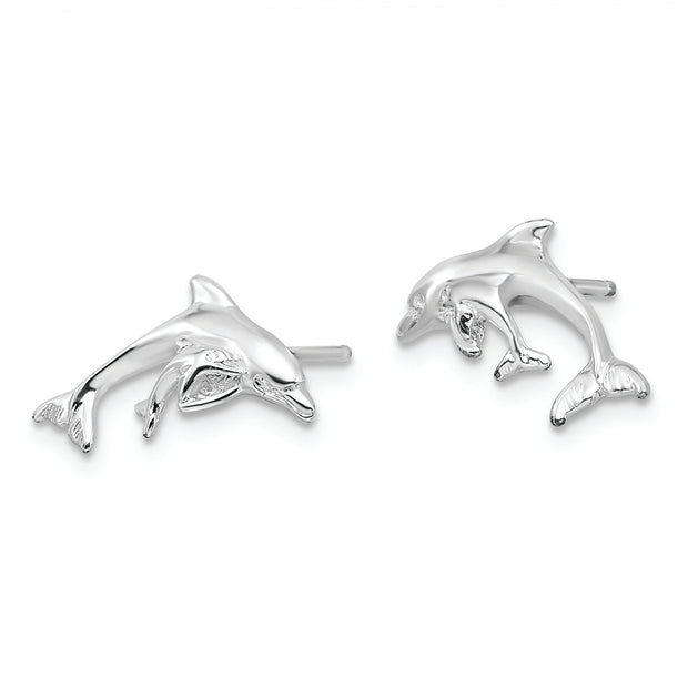 Sterling Silver Rhodium-plated Polished Dolphin and Baby Post Earrings