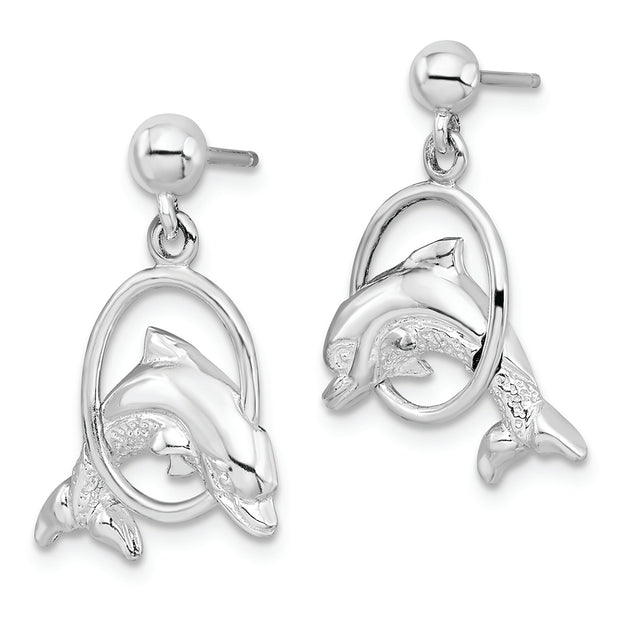 Sterling Silver Rhodium-plated Dolphin in Hoop Dangle Post Earrings
