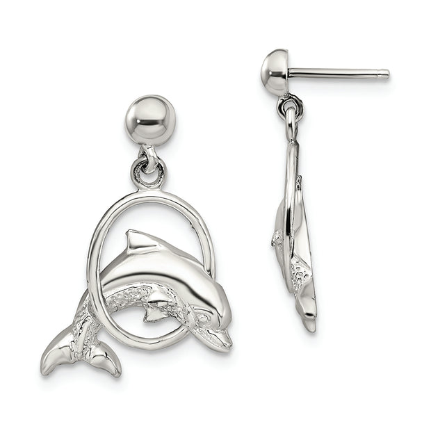 Sterling Silver Rhodium-plated Dolphin in Hoop Dangle Post Earrings