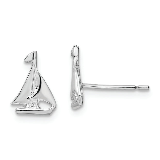 Sterling Silver Rhodium-plated Polished Mini Sailboat Post Earrings