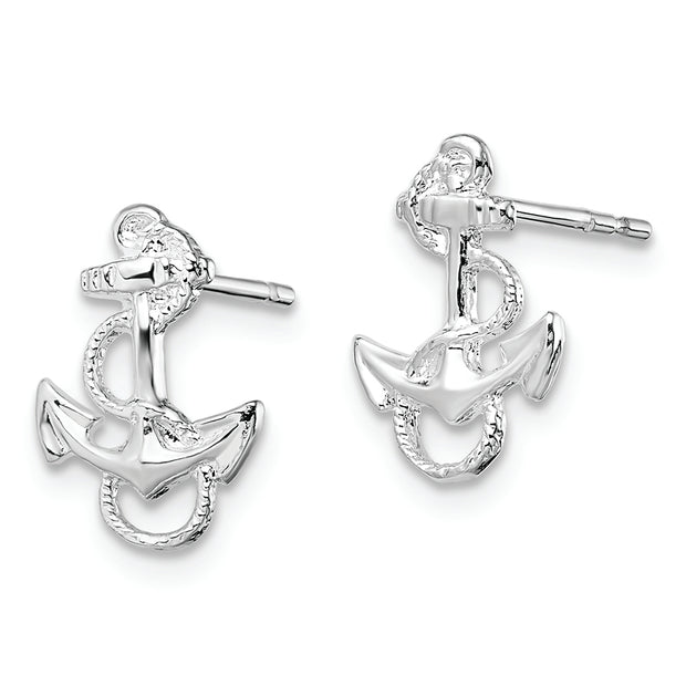 Sterling Silver Rhodium-plated Polished Anchor w/Rope Post Earrings
