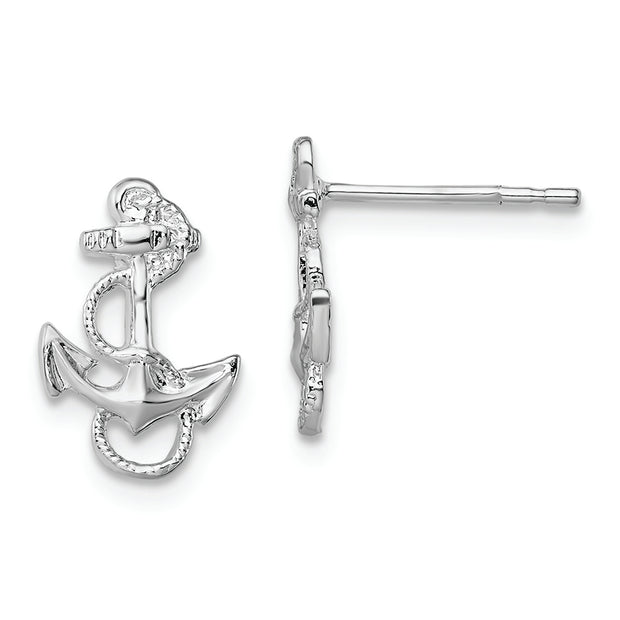 Sterling Silver Rhodium-plated Polished Anchor w/Rope Post Earrings