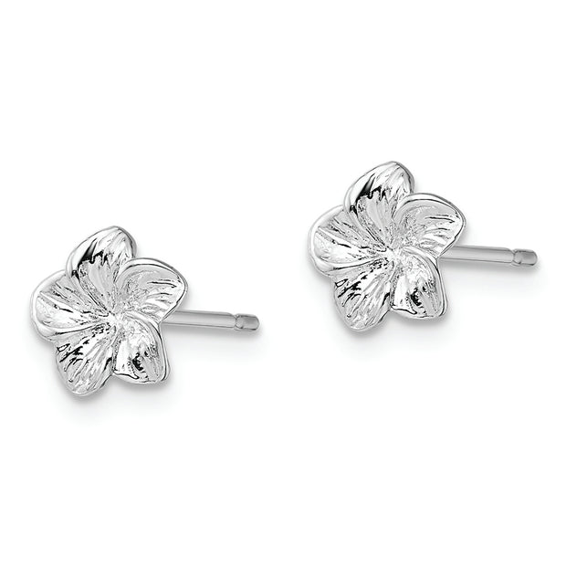 Sterling Silver Rhodium-plated Polished Plumeria Flower Post Earrings