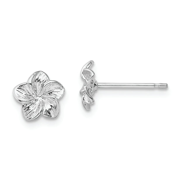 Sterling Silver Rhodium-plated Polished Plumeria Flower Post Earrings