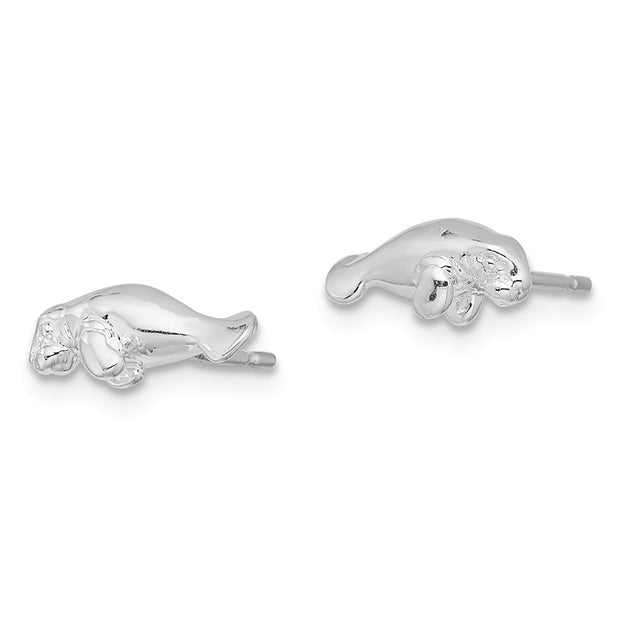 Sterling Silver Rhodium-plated Polished Mini Manatee Post Earrings