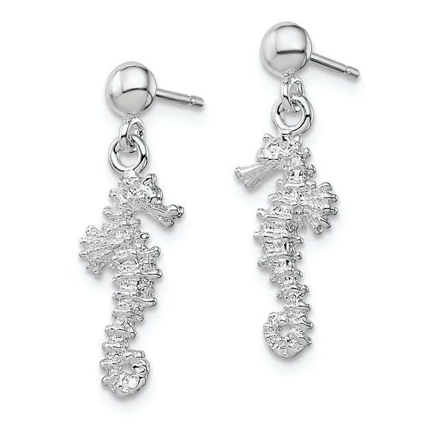 Sterling Silver Rhodium-plated Polished 3D Seahorse Dangle Post Earrings