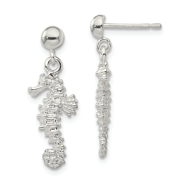 Sterling Silver Rhodium-plated Polished 3D Seahorse Dangle Post Earrings