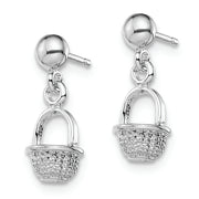 Sterling Silver Polished 3D Mini Basket Dangle Post Earrings