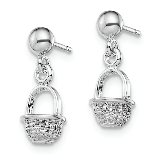 Sterling Silver Polished 3D Mini Basket Dangle Post Earrings