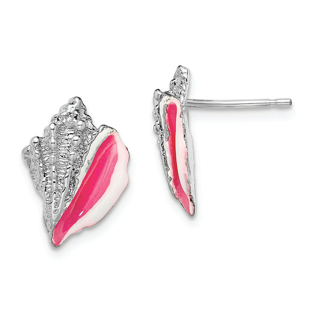 Sterling Silver Rhodium-plated Enameled Conch Shell Post Earrings