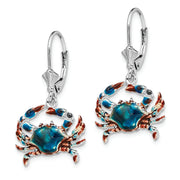 Sterling Silver Rhodium-plated Enameled Blue Crab Leverback Earrings
