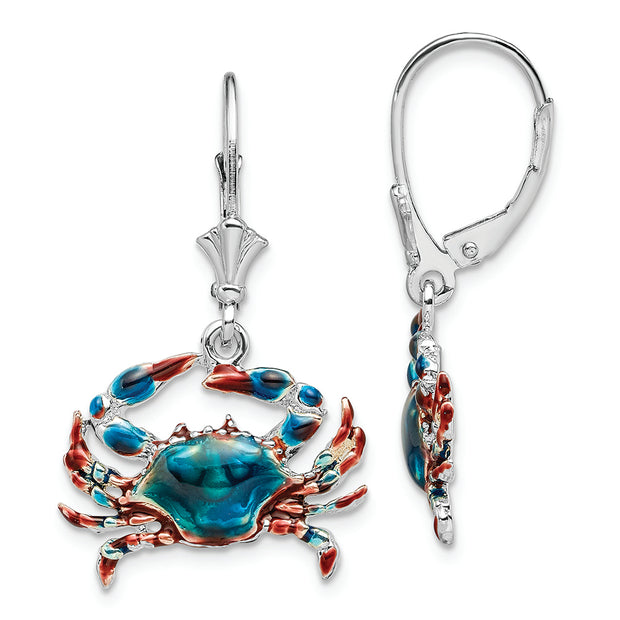 Sterling Silver Rhodium-plated Enameled Blue Crab Leverback Earrings