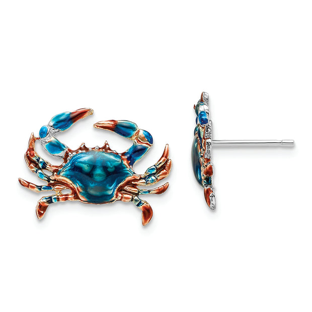 Sterling Silver Rhodium-plated Polished Enamel Blue Crab Post Earrings
