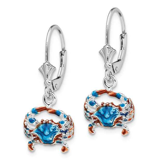Sterling Silver Rhodium-plated Enameled Blue Crab Leverback Earrings