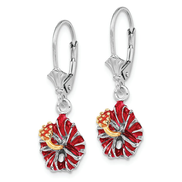 Sterling Silver Rhodium-plated Enamel Red Hibiscus Leverback Earrings