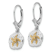 Sterling Silver Rhod-plated Sand Dollar w/14k Starfish Leverback Earrings