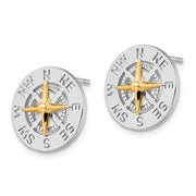 Sterling Silver Rhodium-plated Mini Compass w/14k Needle Post Earrings
