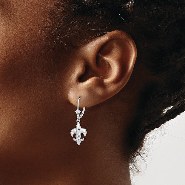 Sterling Silver Rhodium-plated Small Fleur de Lis Leverback Earrings
