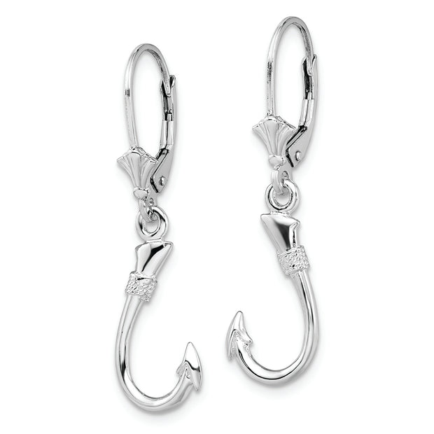 Sterling Silver Rhodium-plated Polished 3D Fish Hook Leverback Earrings