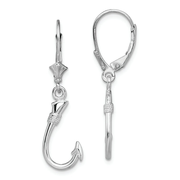 Sterling Silver Rhodium-plated Polished 3D Fish Hook Leverback Earrings