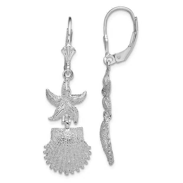 Sterling Silver Rhodium-plated Starfish and Shell Leverback Earrings