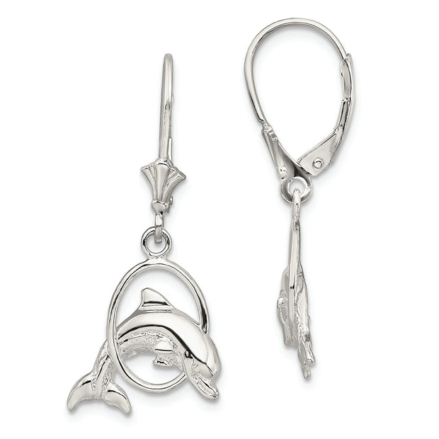 Sterling Silver Rhodium-plated Dolphin in Hoop Leverback Earrings