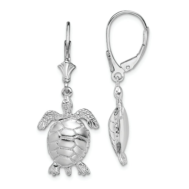 Sterling Silver Rh-plated 3D Moveable Turtle Leverback Earrings