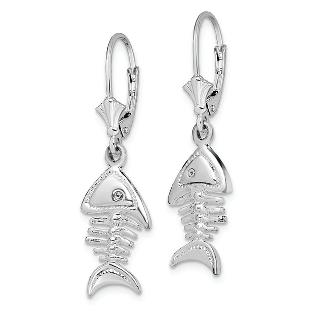 Sterling Silver Rhodium-plated Polished 3D Fishbone Leverback Earrings