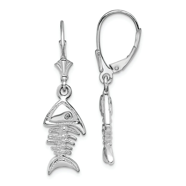 Sterling Silver Rhodium-plated Polished 3D Fishbone Leverback Earrings