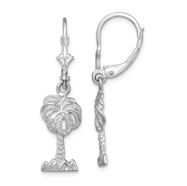 Sterling Silver Rhodium-plated Polished Palm Tree Leverback Earrings