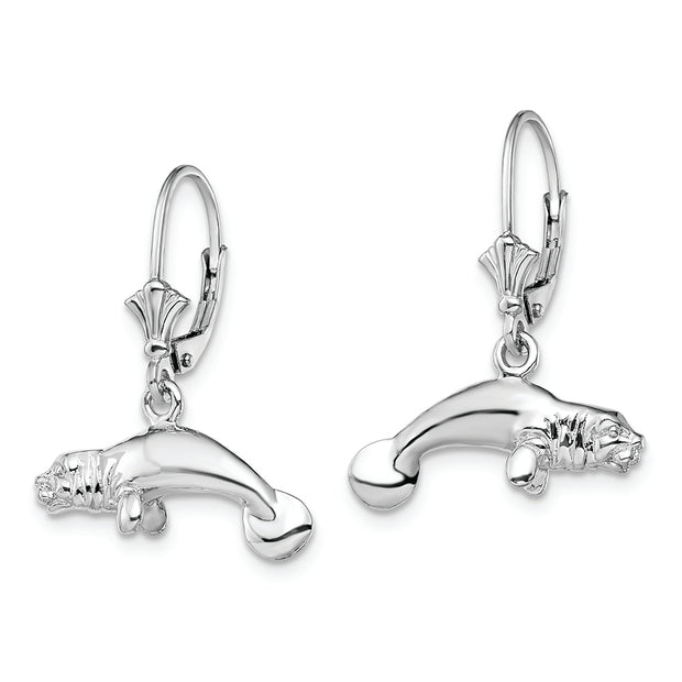 Sterling Silver Rhodium-plated Polished 3D Manatee Leverback Earrings
