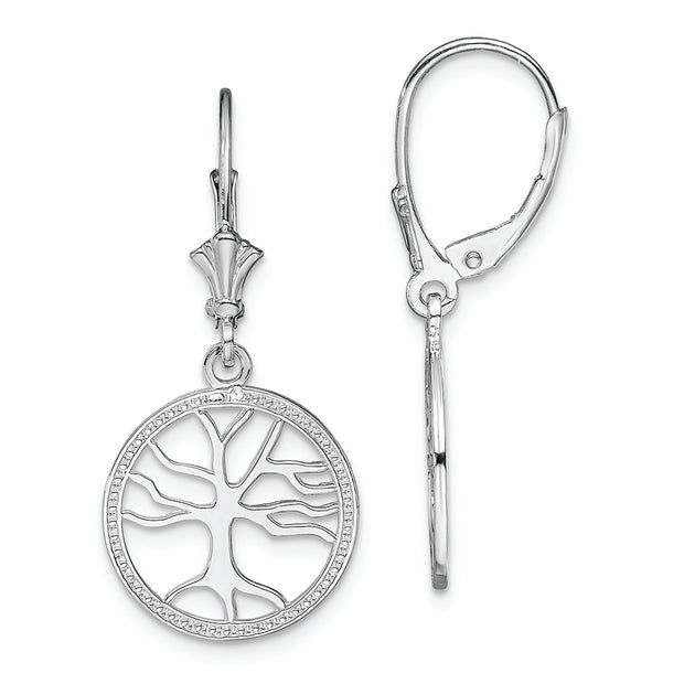 Sterling Silver Polished Tree of Life in Circle Leverback Earrings