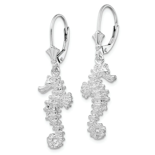 Sterling Silver Rhodium-plated Polished 3D Seahorse Leverback Earrings