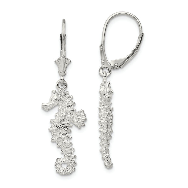 Sterling Silver Rhodium-plated Polished 3D Seahorse Leverback Earrings
