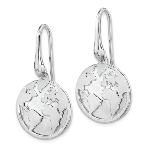 Sterling Silver Polished and Satin World Dangle Earrings