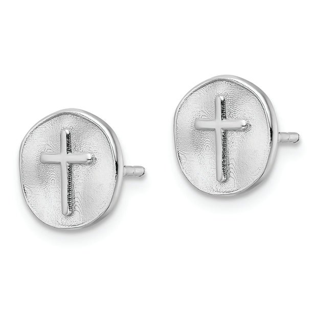 Sterling Silver Rhodium-plated Cross in Satin Circle Post Earrings