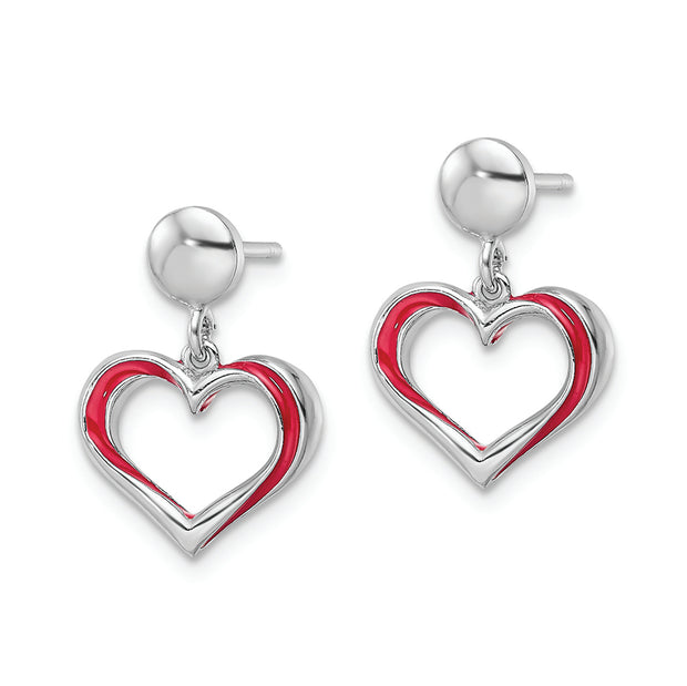 Sterling Silver Rhodium-plated Red Enamel Open Heart Dangle Earrings