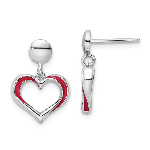 Sterling Silver Rhodium-plated Red Enamel Open Heart Dangle Earrings