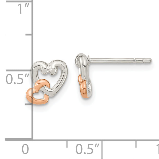 Sterling Silver Rhodium/Rose Gold-plated Polish Double Heart Post Earrings