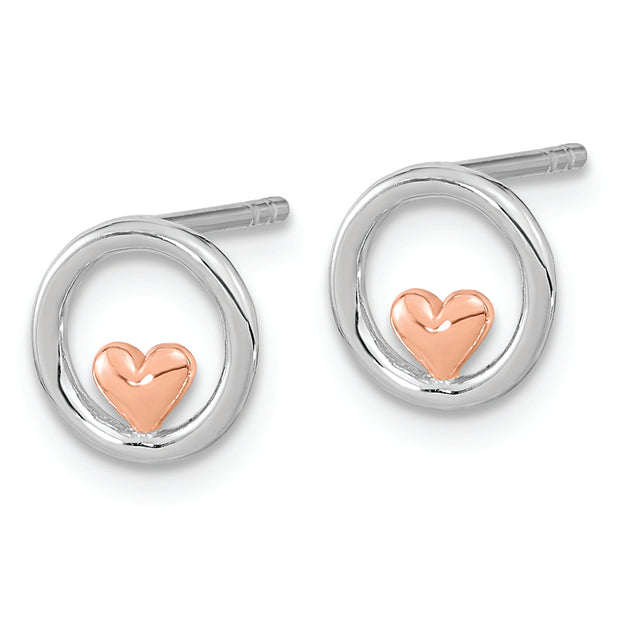 Sterling Silver RH-plated & Rose Gold-plated Circle w/Heart Post Earrings