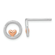 Sterling Silver RH-plated & Rose Gold-plated Circle w/Heart Post Earrings